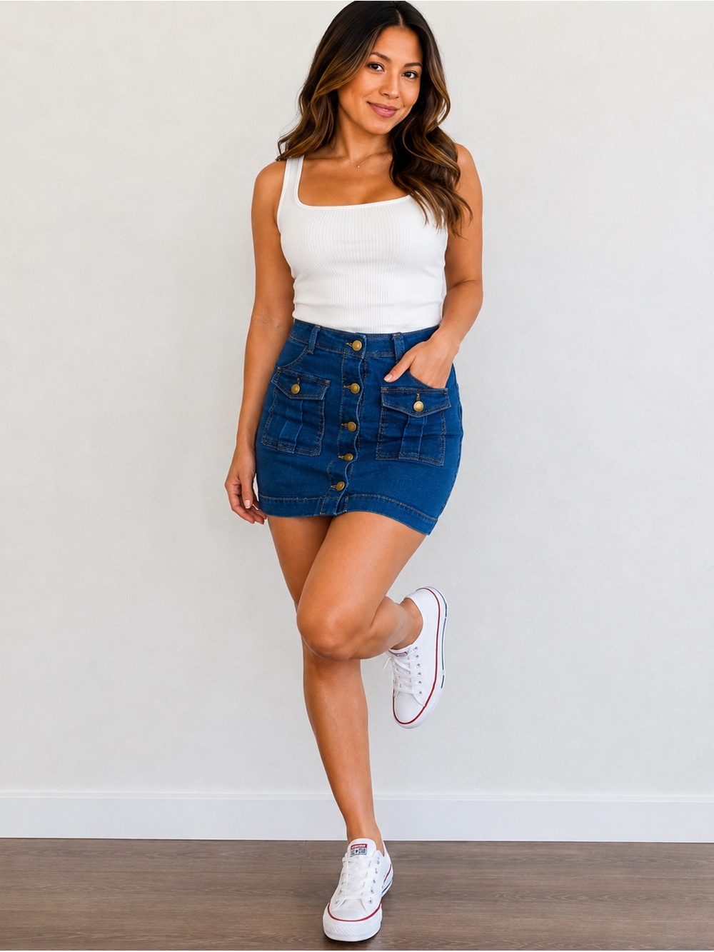 Mind Code Dark Blue Button-Front Denim Mini Skirt